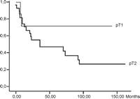 Overall survival of the pT4sn considering the size of the main tumour, disregarding the satellite nodules.