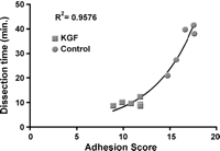 Exponential relationship between the adhesion score and the time used for dissection. It should be observed that this data could not be acquired in one animal due to a re-entry accident.