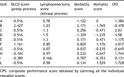 Summary of the individual rescaled process and outcome scores in each unit.