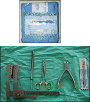 Small resternotomy set packed with scalpel on top (above) and opened (below).