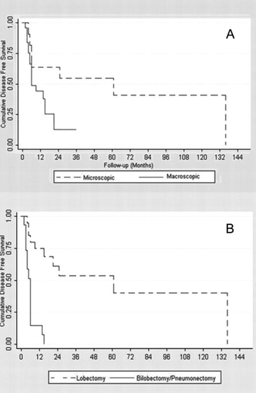 Microscopic and macroscopic disease free survival functions. (B) Lobectomy and bilobectomy–pneumonectomy disease free survival functions.