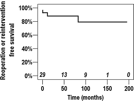 Kaplan—Meier freedom from re-operation or re-intervention curve for the events directly related to the Warden procedure.