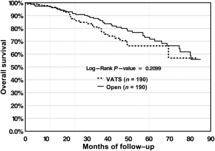 Overall survival does not differ significantly between the VATS and open group.