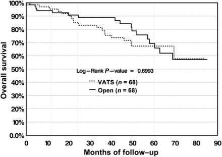 Overall survival for patients operated on in the early days of VATS (2002–06) does not differ significantly between the VATS and open group.