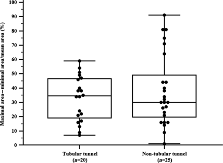 Box–Whisker–Plot showing the mean and dispersion (%) of the degree of area deviation according to the tunnel type.