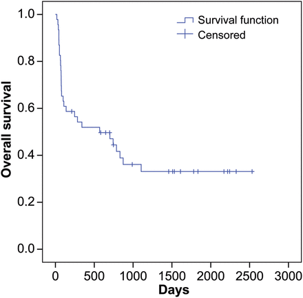 Kaplan–Meier survival estimation for overall postexplantation survival.