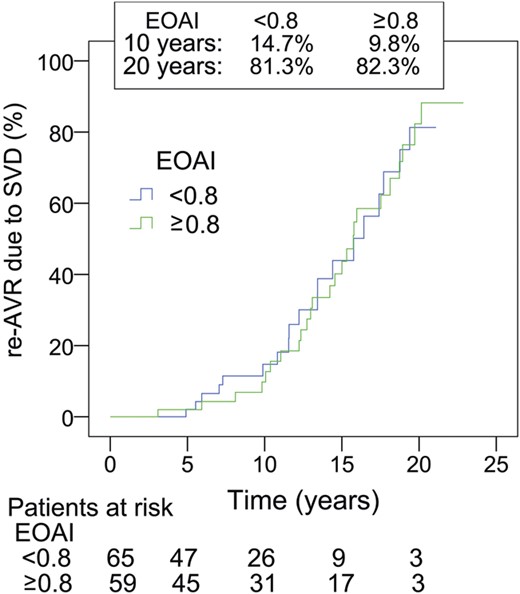 Re-AVR due to SVD, aged younger than 50 with or without PPM. EOAI: effective orifice area index (cm2/m2). There is no significant difference between these subgroups.