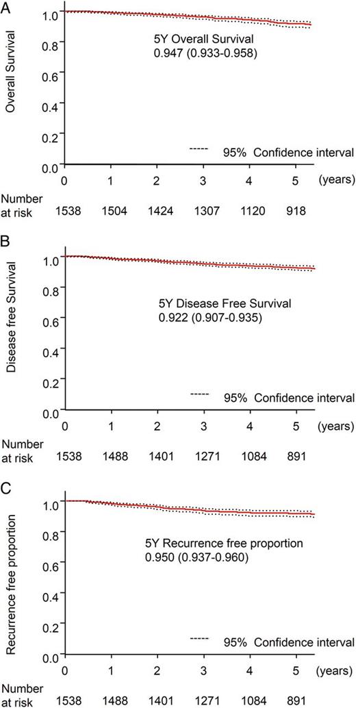 Survival and recurrence data of the 1538 cT1aN0M0 patients with a single lesion and without comorbidity of interstitial pneumonia. (A) Five-year overall survival. (B) Five-year disease-free survival. (C) Five-year recurrence-free proportion.