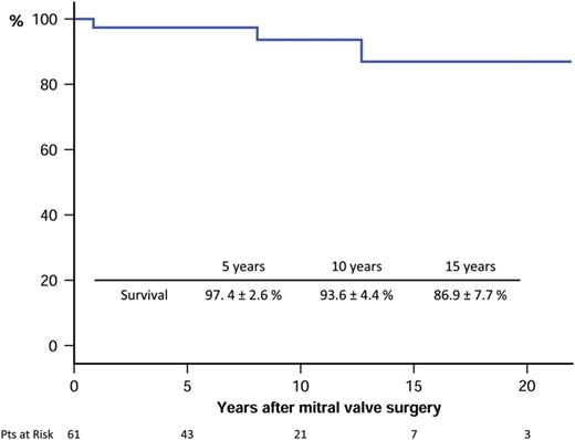 Survival free from mitral reoperation of patients submitted to mitral valve surgery after previous percutaneous mitral commissurotomy. Pts: patients.