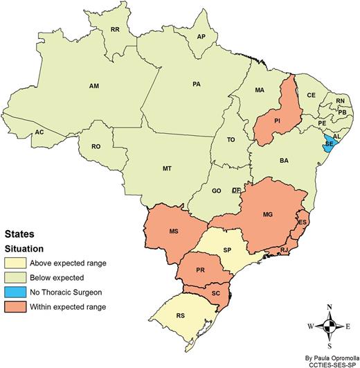 Brazilian states where the number of respondent thoracic surgeons are lacking, below expectations, adequate or above expectations.