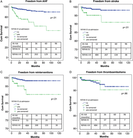 Freedom from acute heart failure (A), stroke (B), reinterventions (C) and thrombo-embolisms (D) in NYHA I–III and NYHA IV patients. NYHA: New York Heart Association.