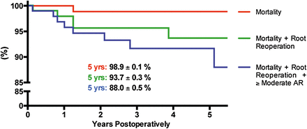 Three Kaplan–Meier estimates on mortality (red line); mortality and root reoperation (green line) and mortality, root reoperation and freedom from moderate and/or severe AR (blue line) after valve-sparing operations.