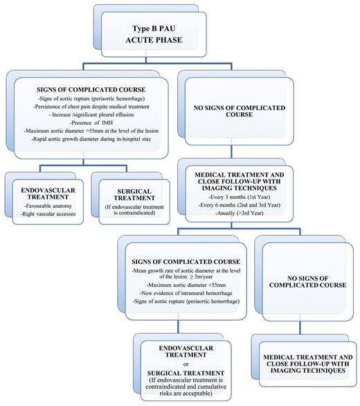Acute and chronic management pathway for type B PAU. IMH: intramural haematoma; PAU: penetrating atherosclerotic ulcer.