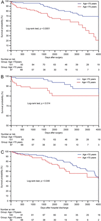 Non-parametric curves according to age (Kaplan–Meier model) of (A) overall survival (including hospital mortality), (B) freedom from cardiac and cerebrovascular death (including hospital mortality) and (C) freedom from MACCEs. The number of patients remaining at risk is reported. MACCE: major adverse cardiac and cerebrovascular event.
