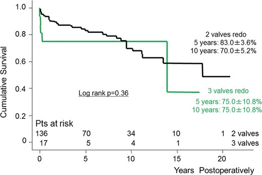 Kaplan–Meier curve showing survival between two- and three-valve redo surgery. Pts: patients.