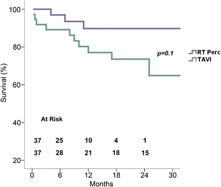 Survival between two matched groups. TAVI: transcatheter aortic valve implantation; RT: right anterior minithoracomy.