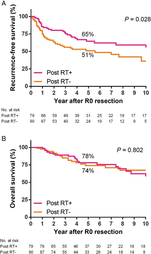 ( A ) RFS and ( B ) OS curves after R0 resection according to the status of postoperative radiotherapy status: while patients who received postoperative radiotherapy had a favourable RFS ( P = 0.028), there was no significant difference in OS between the two groups ( P = 0.802). Post: postoperative; RT: radiotherapy; RFS: recurrence-free survival; OS: overall survival.