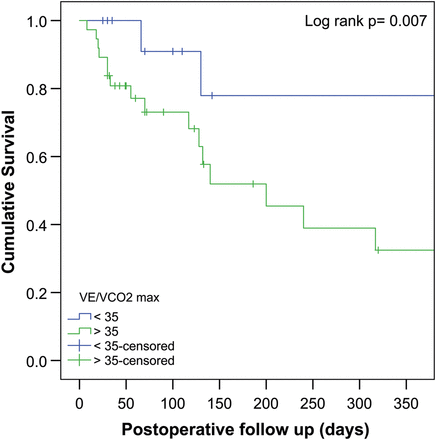 Kaplan–Meier survival analysis for VE/VCO2 slope of >35. VE/VCO2: ventilation to carbon dioxide output.