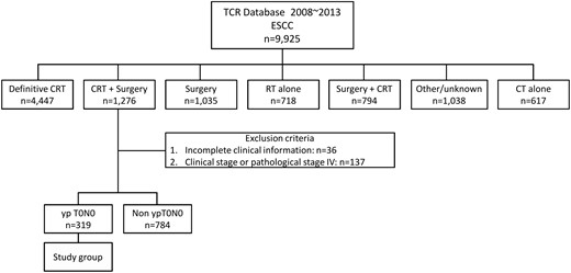 Flow of patients through the study. CRT: chemoradiotherapy; OSCC: oesophageal squamous cell carcinoma; RT: radiotherapy; CT: chemotherapy.