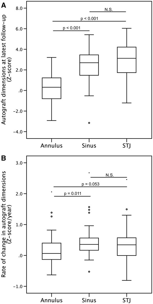 Boxplot analysis. (A) Z-scores of the different aortic root structures at the latest available echocardiographic examination. (B) The rate of change in the z-scores of the different aortic root structures between the earliest and latest available echocardiographic examinations. Outliers are displayed as circles and asterisk.