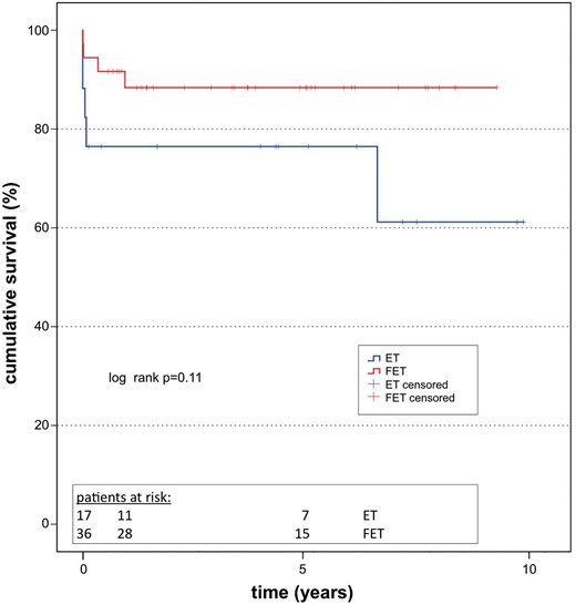 Survival. Kaplan–Meier survival curve including all patients after discharge (log rank: P = 0.652). ET: elephant trunk; FET: frozen elephant trunk.