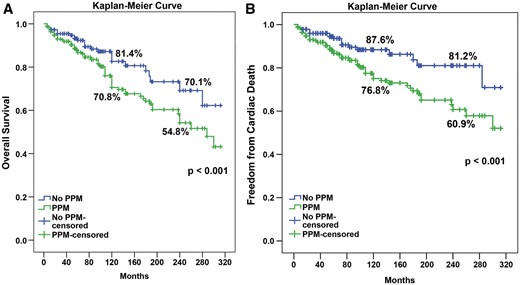 Kaplan–Meier curve for overall survival and freedom from cardiac death in PPM and no PPM groups. PPM: prosthesis patient mismatch.