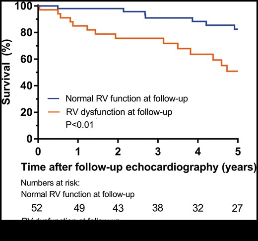 Kaplan–Meier curves for the composite end point of survival and freedom of heart transplantation and left ventricular assist device implantation in patients with normal RV function versus RV dysfunction at 2 years follow-up. RV: right ventricular.