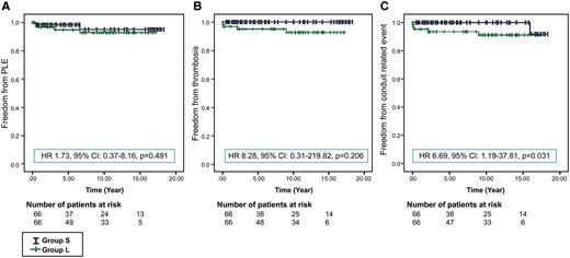 Estimated probability of freedom from protein-losing enteropathy (A), thrombosis (B) and conduit-related events (C). HR: hazard ratio; CI: confidence interval.