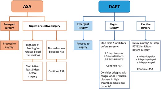Management of antiplatelet therapy in patients having coronary artery bypass grafting surgery. aComplex and redo operations, severe renal insufficiency, haematological diseases and hereditary deficiencies in platelet function. bRecent stent implantation, recent thromboembolic event and alarming angiographic results. cUntil the recommended DAPT period is completed. ASA: acetylsalicylic acid; DAPT: dual antiplatelet therapy; GPIIb/IIIa: glycoprotein IIb/IIIa.