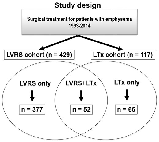 Study design: 117 patients underwent LTx for emphysema between September 1993 and December 2014 at the University Hospital Zurich. Patients were grouped according to pretransplant LVRS status. There were 52 patients in the LVRS + LTx group with LVRS history and the remaining 65 patients were grouped as LTx-only. During the study period, 377 patients underwent LVRS only. LVRS-only patients are not included in the analyses. Of note, in the LVRS-only group, 22 patients underwent re-LVRS, and in the LVRS + LTx group, 2 patients underwent re-LVRS. LTx: lung transplantation; LVRS: lung volume reduction surgery.