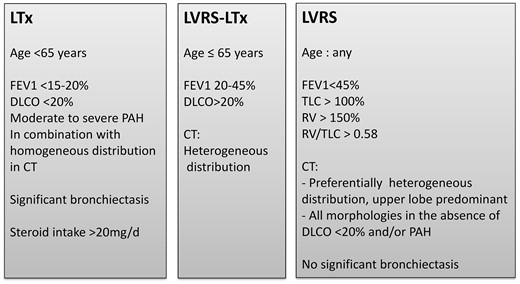 Selection criteria for LVRS and/or LTx in the surgical management of end-stage emphysema at the University Hospital Zurich based on patients’ age, pulmonary function tests, radiological findings, pulmonary hypertension and steroid intake. CT: computed tomography; DLCO: diffusion capacity of carbon monoxide; FEV1: forced expiratory volume in 1 s; FVC: forced vital capacity; LTx: lung transplantation; LVRS: lung volume reduction surgery; PAH: pulmonary arterial hypertension; RV: residual volume; TLC: total lung capacity.