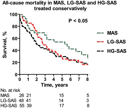 The Kaplan–Meier curve: all-cause MAS, LG-SAS and HG-SAS treated conservatively. HG-SAS: high-gradient severe aortic stenosis; LG-SAS: low-gradient severe aortic stenosis; MAS: moderate aortic stenosis.