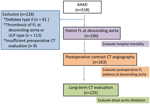 A flowchart of the study population. Based on the listed exclusion criteria, 290 patients were enrolled in this study. AAAD: Type A acute aortic dissection; CT: computed tomography; FL: false lumen; ULP: ulcer like projection.