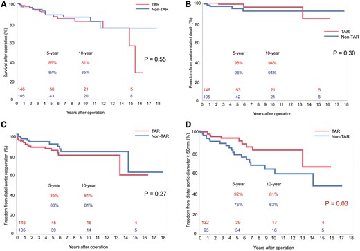 (A) Probability of cumulative overall survival about pursuable hospital survivors between the non-TAR and TAR groups. (B) Probability of freedom from aorta-related death between the non-TAR and TAR groups. (C) Probability of freedom from distal aortic reoperation between the non-TAR and TAR groups. (D) Probability of freedom from distal aortic dilation ≥50 mm between the non-TAR and TAR groups. TAR: total arch replacement.