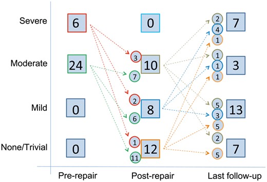 Diagram showing the degree of tricuspid valve (TV) regurgitation prior to TV repair, at the time of hospital discharge following TV repair and at last follow-up. The number of patients in each group and the number of patients crossing over between the groups are indicated.