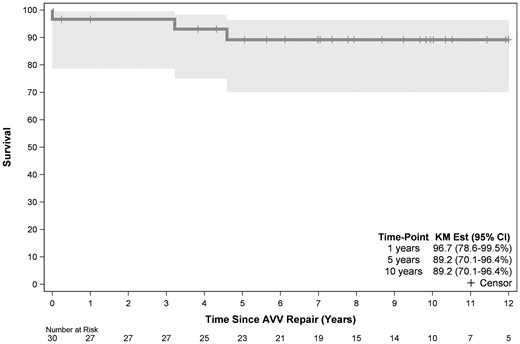 Time-related survival following tricuspid valve repair in 30 children with hypoplastic left heart syndrome. Point zero is the time of tricuspid valve repair. AVV: atrioventricular (TV) valve; CI: confidence interval; KM: Kaplan-Meier.