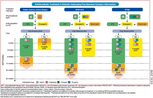 Algorithm for the use of antithrombotic drugs in patients undergoing percutaneous coronary intervention. High bleeding risk is considered as an increased risk of spontaneous bleeding during DAPT (e.g. PRECISE-DAPT score ≥25). Colour-coding refers to the ESC classes of recommendations (green: class I; yellow: class IIa; and orange: class IIb).