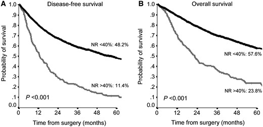 Disease-free survival (A) and overall survival (B) according to NR in the entire population. NR: node ratio.