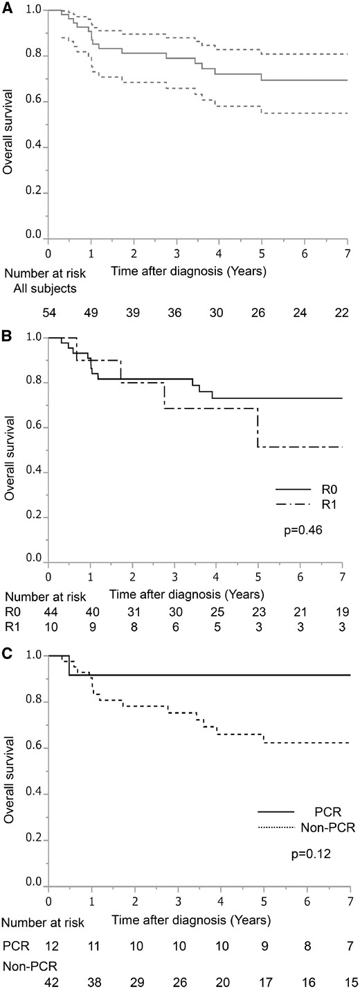 (A) Survival curves of all 54 patients who underwent trimodality treatment for superior sulcus tumours. (B) Survival curves according to the completeness of resection. (C) Survival curves according to the pathological response. PCR: pathological complete response.