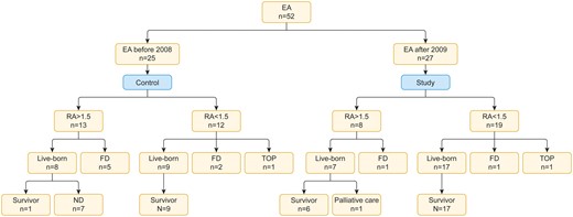 Flow diagrams depicting perinatal outcomes for the foetuses with prenatally diagnosed Ebstein anomaly. A conservative strategy was applied in all foetuses before 2008 (control), and surgical intervention was applied in high-risk foetuses after 2009 (study). RA >1.5 was defined as high risk. There were high-risk foetuses in 13 of 25 cases in the control group. Only one neonate survived to infancy; of the remaining 12, 7 were neonatal deaths and 5 were foetal deaths. After induction of our current strategy for high-risk foetuses, there were 6 survivors among 8 high-risk neonates, with 1 foetal death and 1 parent choosing palliative care (study group). FD: foetal death; ND: neonatal death; RA: right atrium; TOP: termination of pregnancy.
