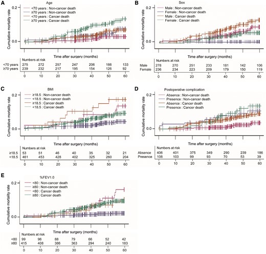 The cancer and non-cancer death rate curves according to risk factors for non-cancer death. (A) Cancer and non-cancer deaths after surgery according to age. Magenta; ≤70 years: non-cancer death, blue; ≥70 years: non-cancer death, orange; ≤70 years: cancer death, green; ≥70 years: cancer death. (B) Cancer death and non-cancer death after surgery according to sex. Magenta; male: non-cancer death, blue; female: non-cancer death, orange; male: cancer death green; female: cancer death. (C) Cancer and non-cancer deaths after surgery according to BMI. Magenta; ≥18.5: non-cancer death, blue; ≤18.5: non-cancer death, orange; male: cancer death, green; female: cancer death. (D) Cancer and non-cancer deaths after surgery according to postoperative complications. Magenta; absence: non-cancer death; blue: presence: non-cancer death; orange: absence: cancer death; green: presence: cancer death. (E) Cancer and non-cancer deaths after surgery according to %FEV1.0. Magenta; ≤80: non-cancer death, blue; ≥80: non-cancer death, orange; ≤80: cancer death, green; ≥80: cancer death. Vertical lines indicate censored cases. BMI: body mass index; %FEV1.0: percent forced expiratory volume in 1 s.