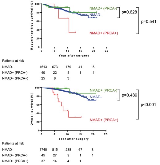 (A) Recurrence-free survival after R0 resection and (B) overall survival curves of thymoma patients according to the status and the type of NMAD. NMAD: non-myasthenia gravis autoimmune disease; PRCA: pure red cell aplasia.
