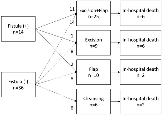 Treatment selection and in-hospital death. Excision + flap: combination of prosthetic graft excision and vascularized tissue flap; excision: prosthetic graft excision alone; flap: vascularized tissue flap alone; cleansing: debridement and cleansing alone.