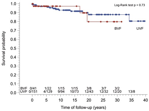 Kaplan–Meier curves showing that survival in the 2 different groups (BVF vs UVF) is not significantly different. For each group, numbers are events/patients at risk at specific times. BVF: biventricular Fontan; UVF: univentricular Fontan.