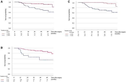 Recurrence-free survival curves based on solid-part volume calculated by AI software (A), carcinoembryonic antigen (B) and maximum standardized uptake value (C).