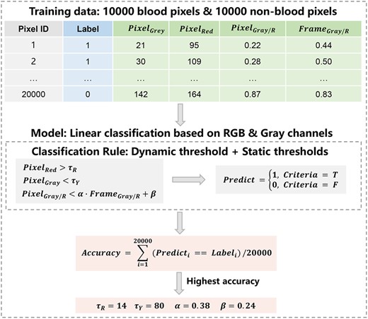 Blood pixel recognizer and determination of its parameters. RBG: red, blue, green.
