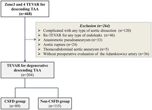 Flow chart of the study population and method. CSFD: cerebrospinal fluid drainage; TAA: thoracic aortic aneurysm; TEVAR: thoracic endovascular aortic repair.