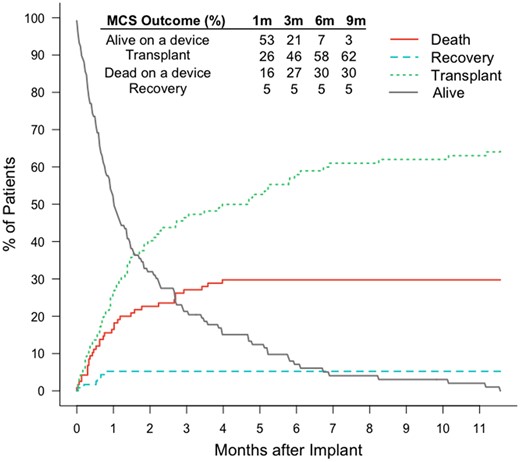 Competing outcomes description of the overall cohort. Estimated cumulative incidence of each outcome. m: months; MCS: mechanical circulatory support.