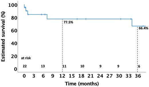 Kaplan–Meier curve depicting estimated survival up to 36 months following the Hemi-Commando procedure.