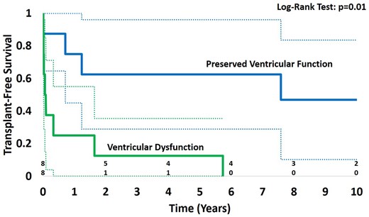 Survival for the whole cohort stratified by ventricular function early after atrioventricular valve replacement.